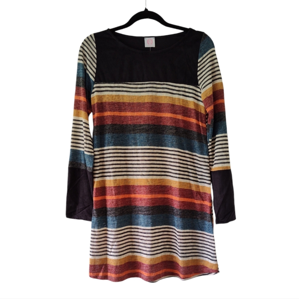Wanna B Multi Stripe Knit Short Dress Faux Black Suede Long Sleeve Medium NWT